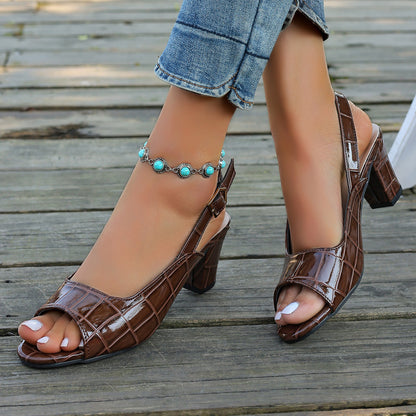 Zapatos de tacón alto con punta abierta y estampado de piedras de color liso para mujer