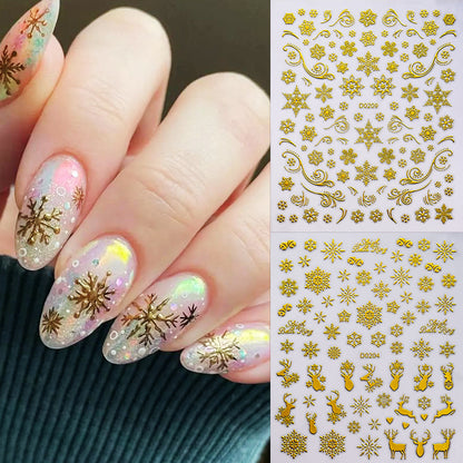 Parche adhesivo para uñas con diseño de alce y copo de nieve navideño, pegatinas bronceadoras para uñas