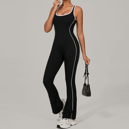 Women Yoga Contrast Stitching Backless Sports Jumpsuits