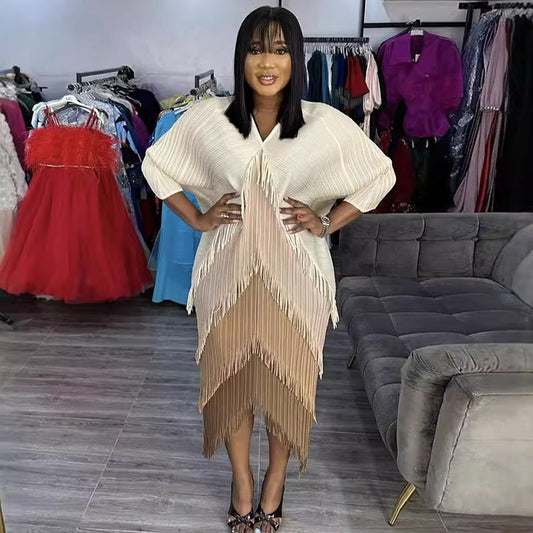 African Women Fashion Pleated Color Matching Dress