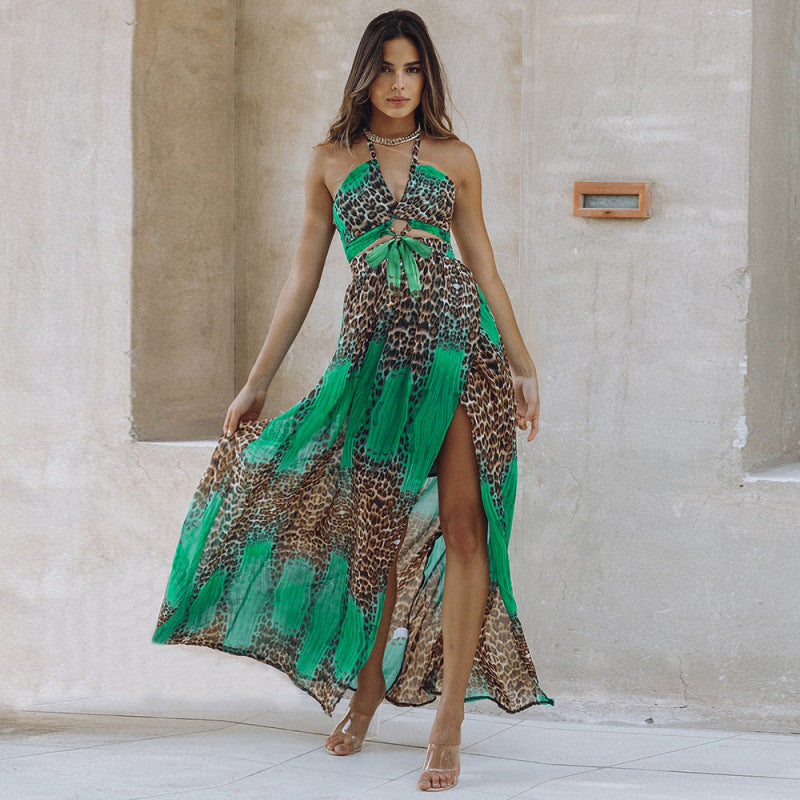Robe élégante bohème à imprimé léopard et dos nu en mousseline de soie pour femme