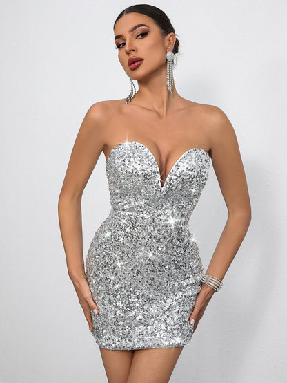 Women Sexy Sequin Strapless Party Dress Short Slim Fit Evening Gown