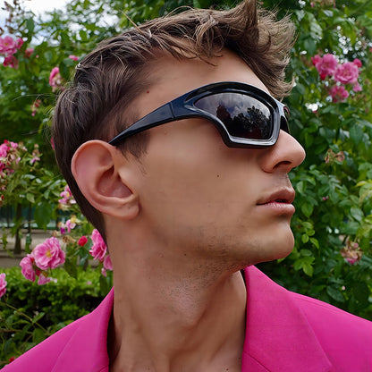 Gafas de sol creativas de moda con montura irregular, lentes acrílicas y montura de PC.