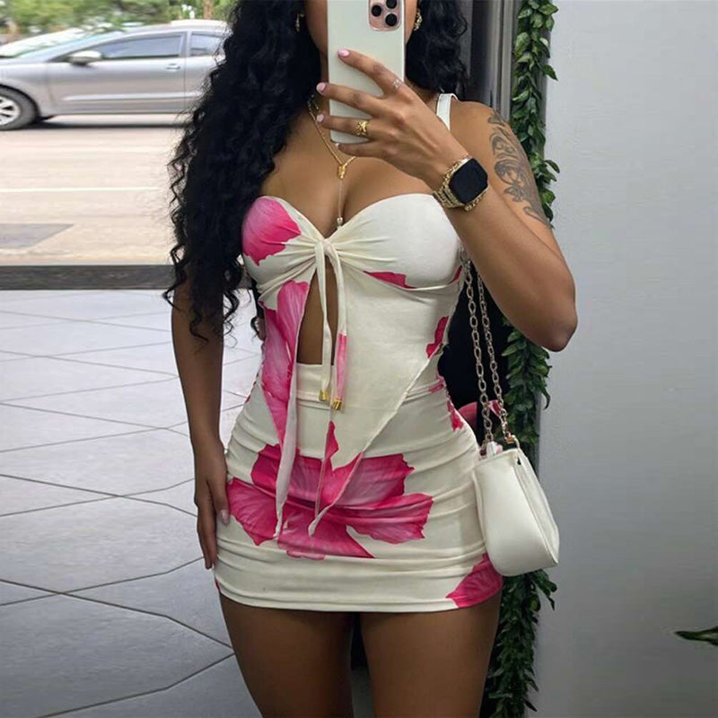Ensemble d'été pour femme, haut tube à lacets et mini-jupe à imprimé floral