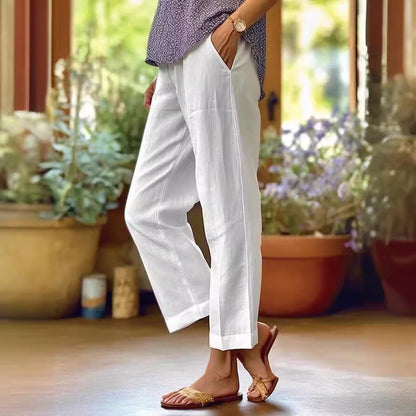 Pantalones casuales de lino y algodón de color liso a la moda para mujer