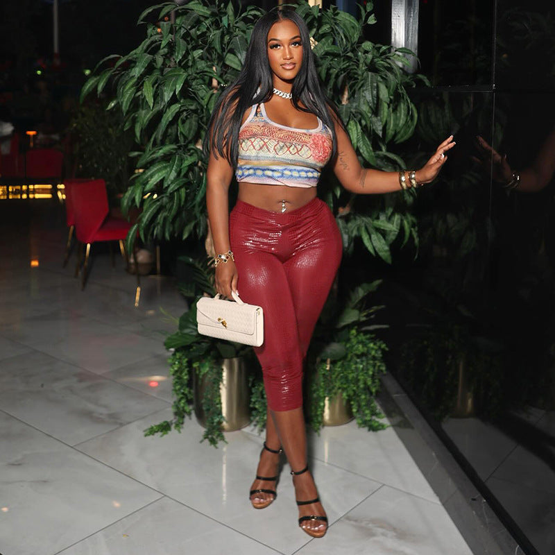 Women Fashion Sexy Solid Color Snake Pattern High Waist Pants