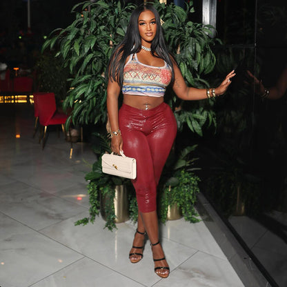 Women Fashion Sexy Solid Color Snake Pattern High Waist Pants