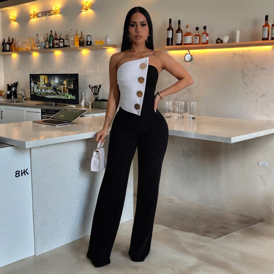 Women Fashion Sexy Contrast Color Sleeveless Metal Buckle Jumpsuit
