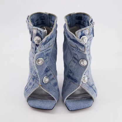Zapatos casuales de mezclilla con punta cuadrada y tacón grueso para mujer