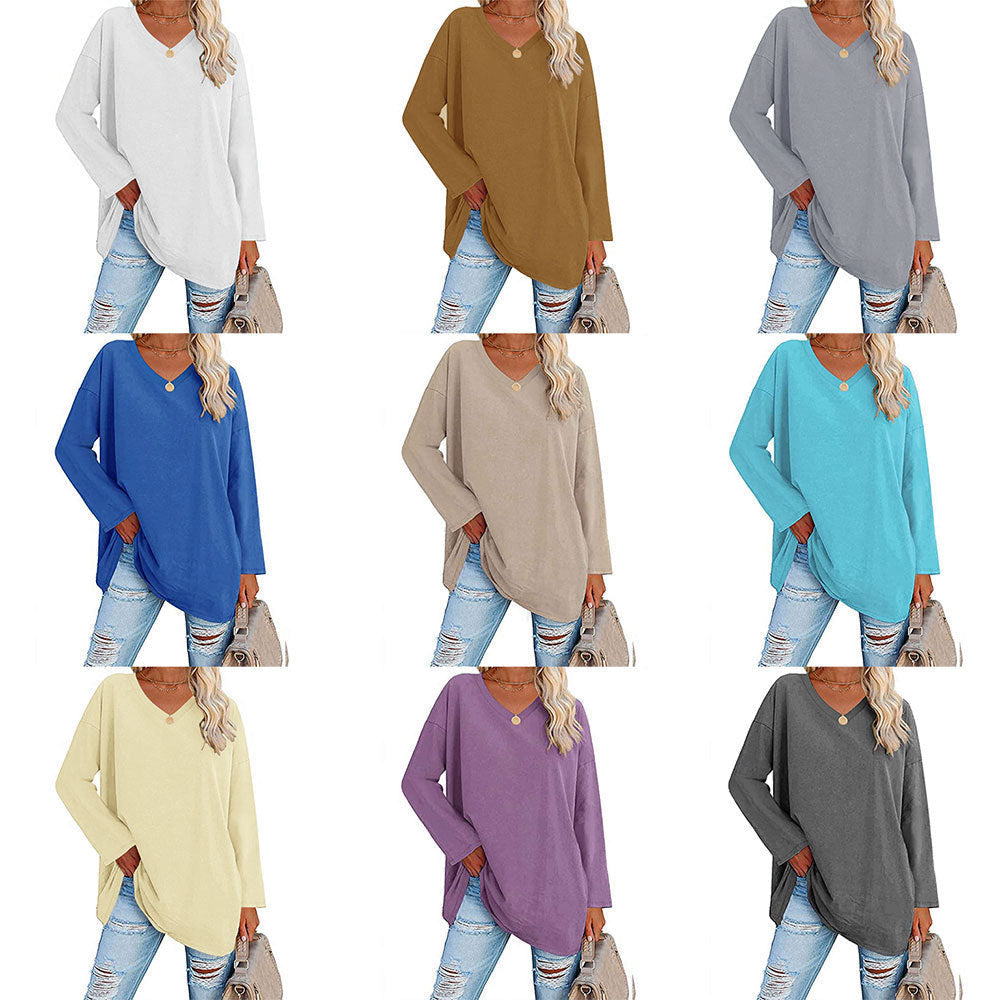 Women Casual Solid Color V-Neck Long Sleeve Blank T-Shirt