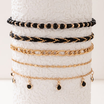 Boho Rope Woven Tassel Beads Anklet Set