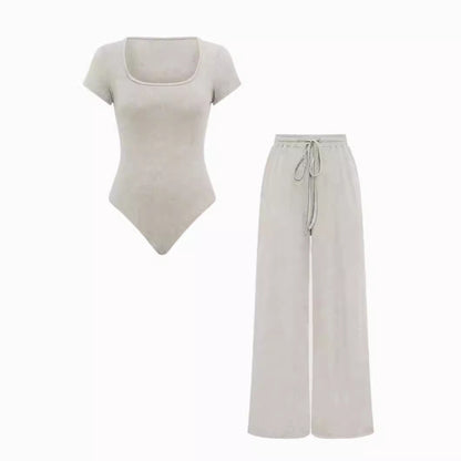 Women’s Solid Color Rib-Knit Bodysuit Pants Set