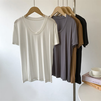 Camiseta informal de verano para mujer, color liso, con cuello en U y mangas abullonadas