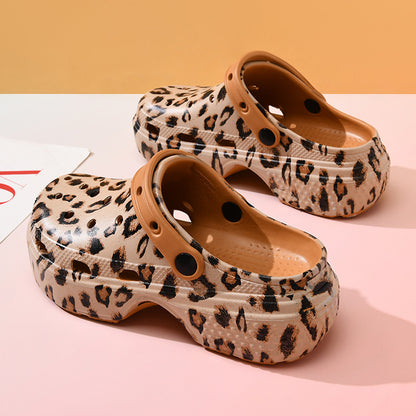 Pantuflas informales de leopardo para mujer, antideslizantes, con suela gruesa y agujeros