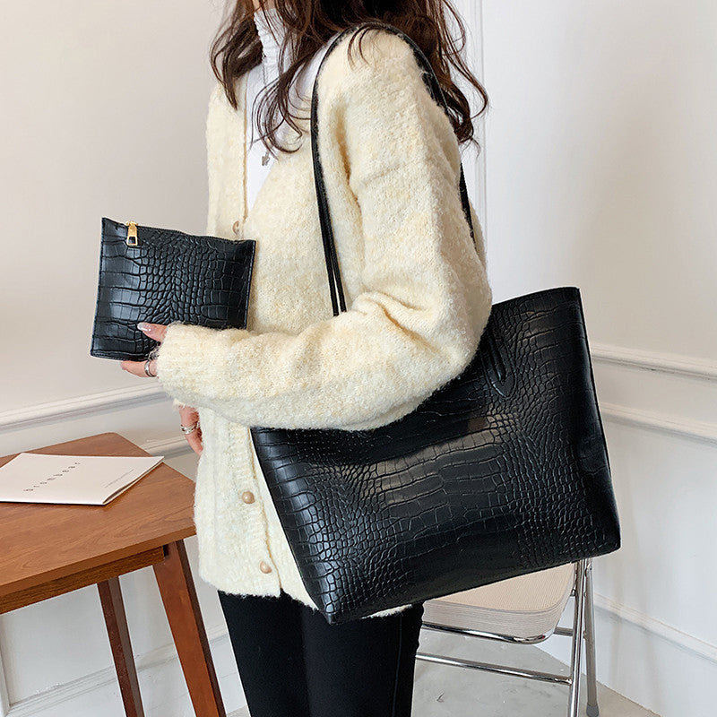 Simple Solid Color Crocodile Print Large Capacity Tote Bag