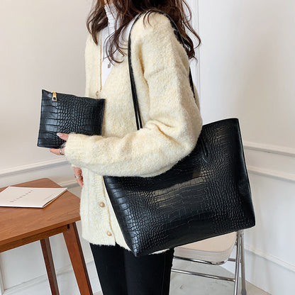 Simple Solid Color Crocodile Print Large Capacity Tote Bag