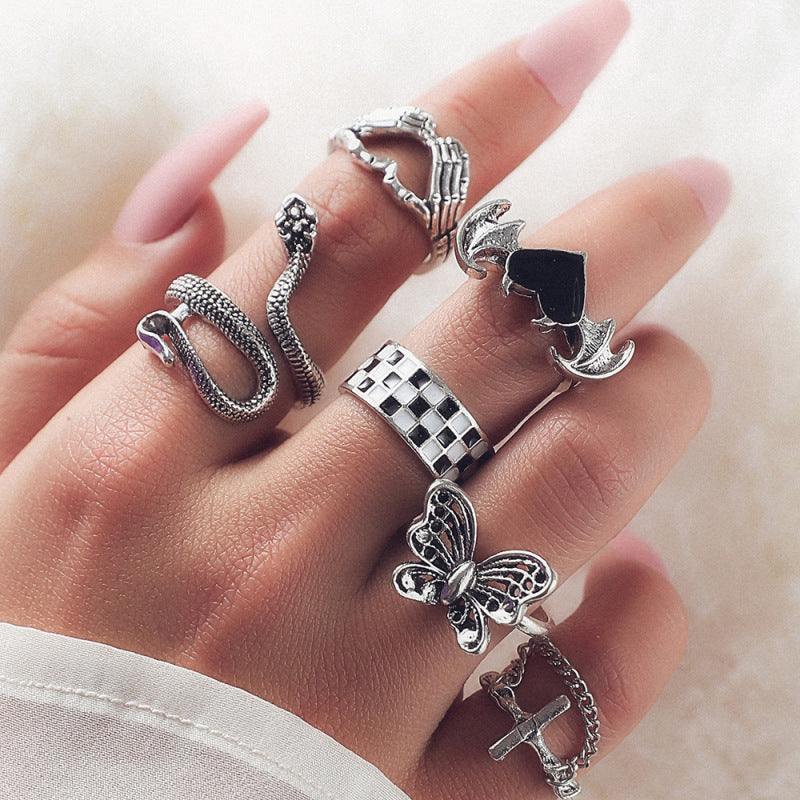 Anillos midi con diseño de mariposa, corazón y cuadros vintage para Halloween para mujer