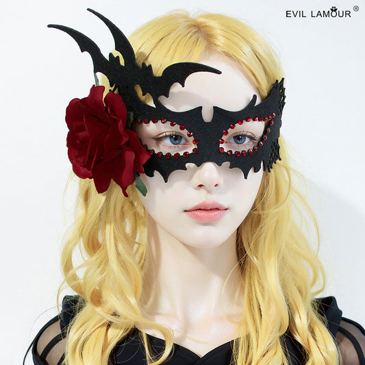 Máscara de murciélago y rosa de fieltro gótico para Halloween con estilo terrorífico