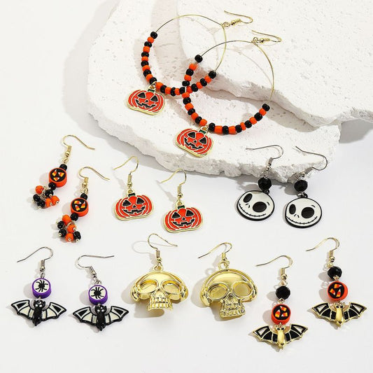 Halloween Women Creative Pumpkin Skull Bat Earrings