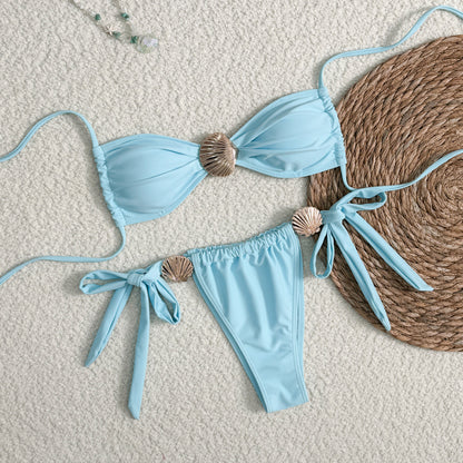 Traje de baño de bikini estilo halter con hebilla de concha de metal de color sólido sexy para mujer