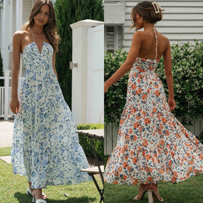 Vacation Women Casual Tiny Flower Print Maxi Dress