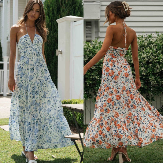 Vacation Women Casual Tiny Flower Print Maxi Dress