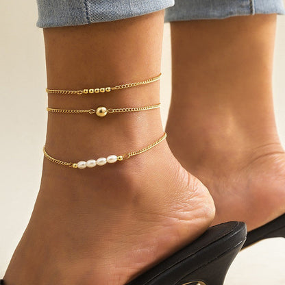 Conjunto de tobilleras con perlas de imitación y cuentas bohemias