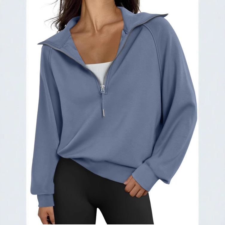 Women Half Zipper Fleece-Lined Solid Color Sweatshirt