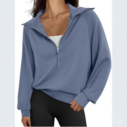 Women Half Zipper Fleece-Lined Solid Color Sweatshirt