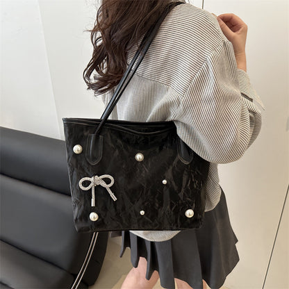 Bolso de mano elegante con lazo de perlas y gran capacidad en color sólido para mujer
