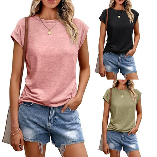 Camiseta informal de verano para mujer, color liso, cuello redondo, manga corta, sin mangas