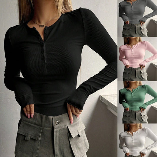 Basic Women Autumn And Winter Solid Color Button Rib-Knit Blank T-Shirt