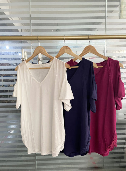 Camiseta informal holgada de manga corta con cuello en V para mujer
