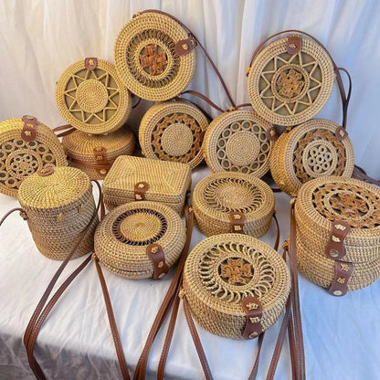 Sac rond en paille tissée vintage de style bohème