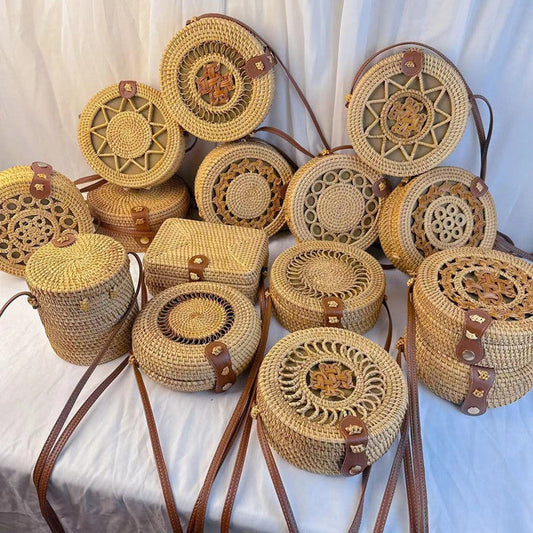 Sac rond en paille tissée vintage de style bohème