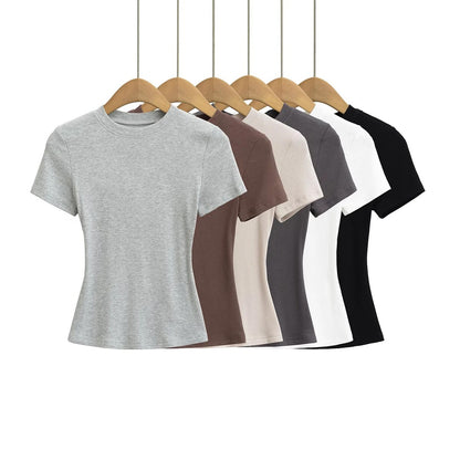 Camiseta de manga corta de algodón y elastano de color liso para mujer