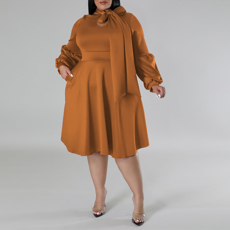 Women Fashion Causal Solid Color Long Dress with Bubble Sleeves