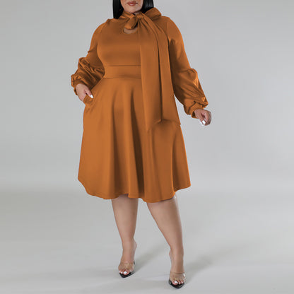 Women Fashion Causal Solid Color Long Dress with Bubble Sleeves