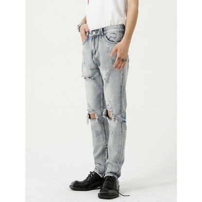 Jean déchiré tendance pour homme en mélange de coton bleu clair