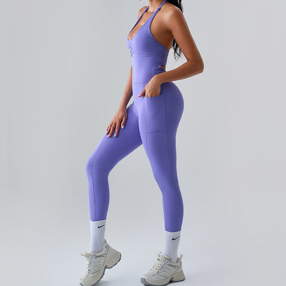 Women Fashion Sexy Solid Color Halter Neck Yoga Jumpsuit