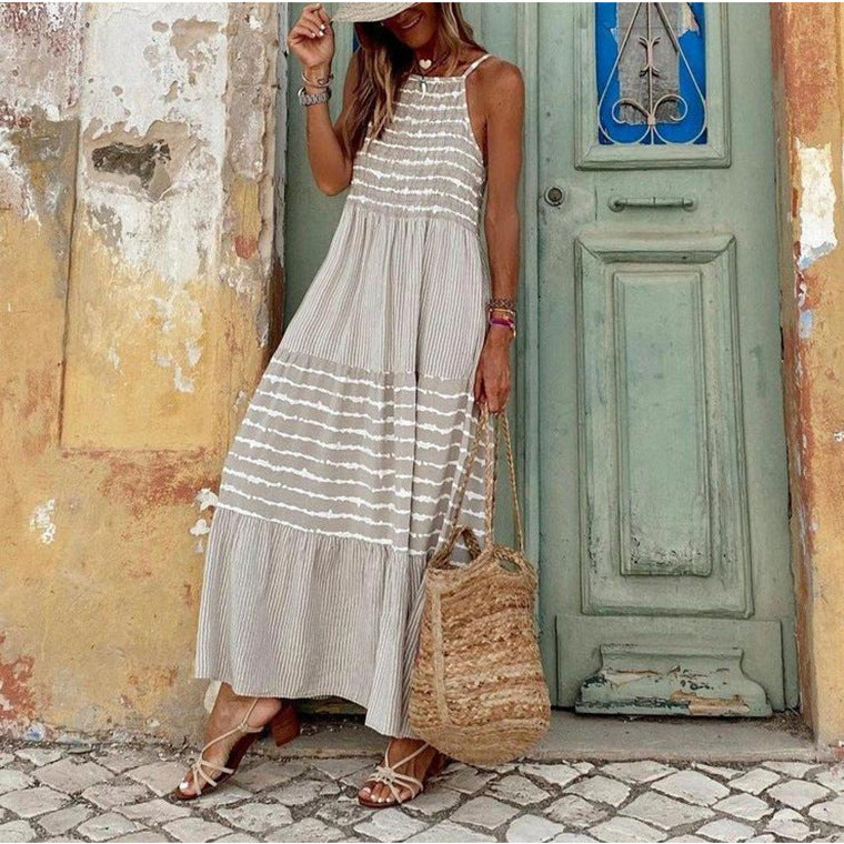 Fashion Boho Vintage Women's Suspender Round Neck Maxi Dress