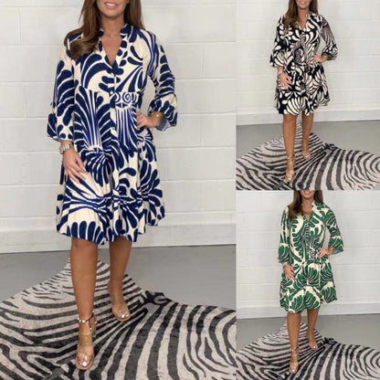 Vestido camisero holgado con cuello en V y estampado gráfico bohemio informal para mujer