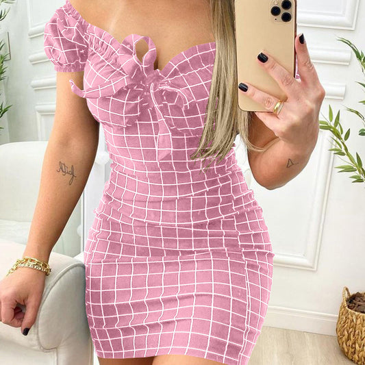 Women Fashion Sexy Plaid Printed Off Shoulder Dress