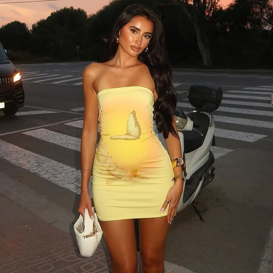 Vestido ajustado con top de tubo y estampado de mariposas sexy a la moda para mujer