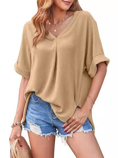 Blusa holgada informal de manga corta con cuello en V y color liso para mujer