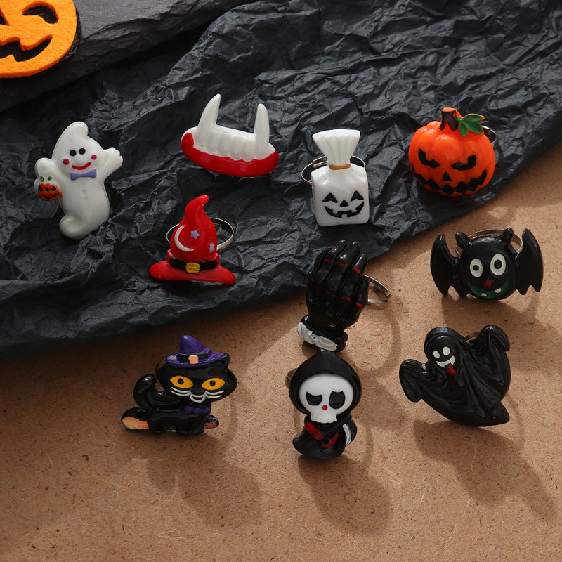 Anillos de sombrero con interruptor de calabaza, fantasma, gato y murciélago para mujer de Halloween