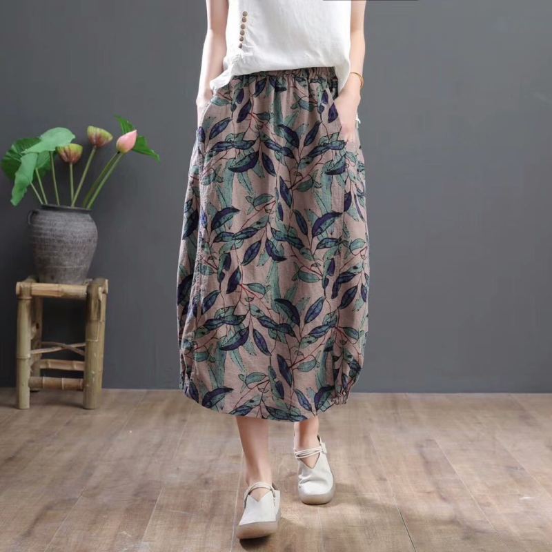 Falda holgada de algodón y lino con estampado floral para mujer