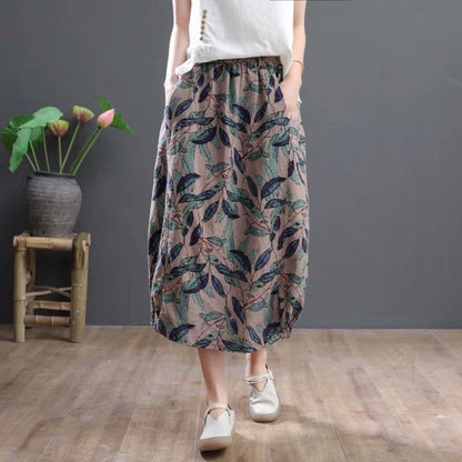 Falda holgada de algodón y lino con estampado floral para mujer