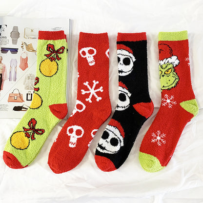 Calcetines de polar coral cálidos con dibujos animados de Halloween y Navidad con personalidad de moda