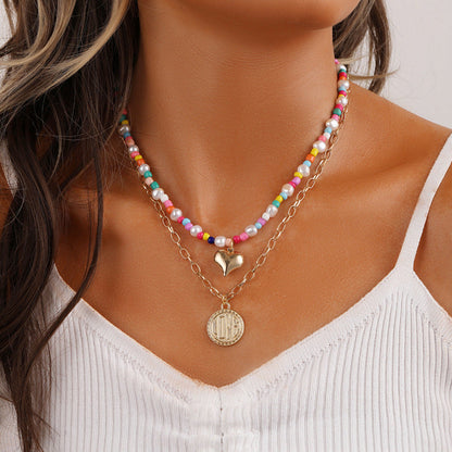 Collar bohemio de doble capa con monedas de amor para mujer